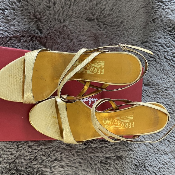 Salvatore Ferragamo gold reptile “Samba” strapped heals. Approx 3” high - Picture 2 of 5